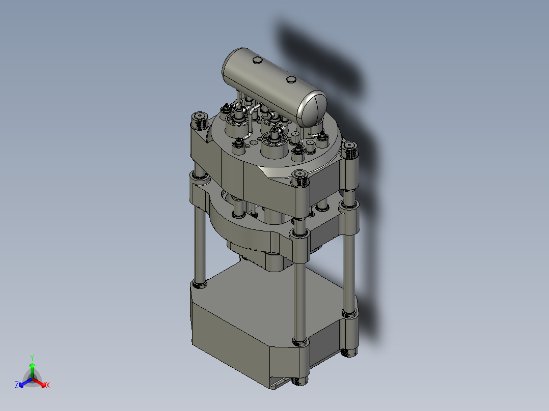 金属零配件加工用的四柱液压机正等轴测图