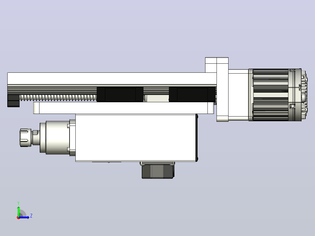 CNC刳刨机Z轴组件的Fusion 360参数模型，具有20毫米Hiwin导轨、20毫米滚珠丝杠和Nema34 Clearpath伺服电机左视图