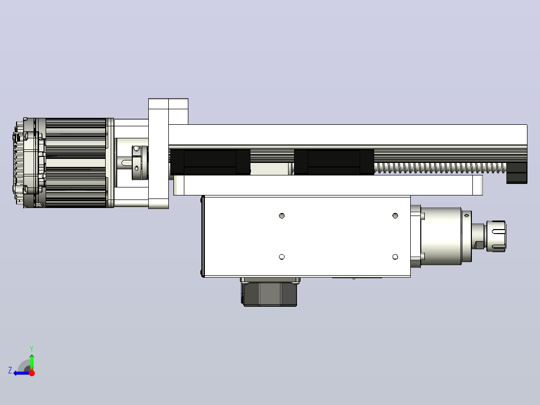 CNC刳刨机Z轴组件的Fusion 360参数模型，具有20毫米Hiwin导轨、20毫米滚珠丝杠和Nema34 Clearpath伺服电机右视图