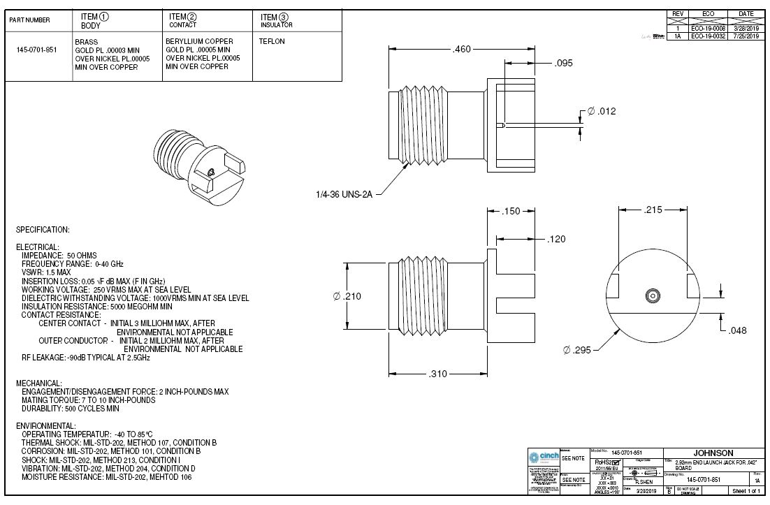 Johnson - Cinch - Bel 2.92毫米40 GHz、50欧姆、0.048英寸PCB边缘连接器