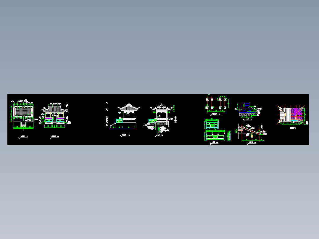 H114仿古建筑三开间单檐卷棚歇山顶水榭不中亭子景观亭CAD施工图