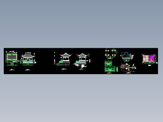 H114仿古建筑三开间单檐卷棚歇山顶水榭不中亭子景观亭CAD施工图