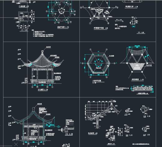 某中式古典风格钢筋混凝土六角亭设计cad详细建筑施工图（含结构设计）缩略图