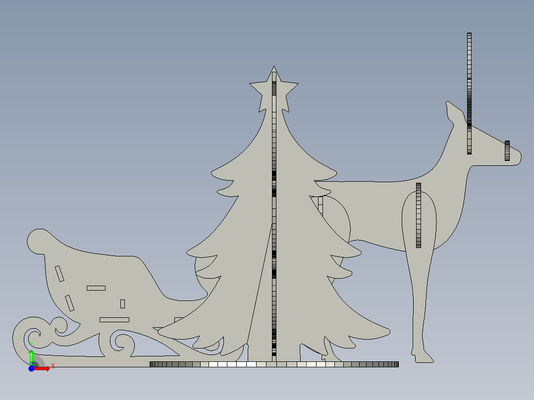 激光切割鹿、树和圣诞老人​​雪橇 3D 拼图模板前视图