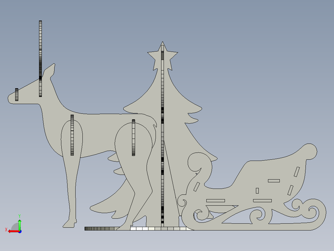 激光切割鹿、树和圣诞老人​​雪橇 3D 拼图模板后视图