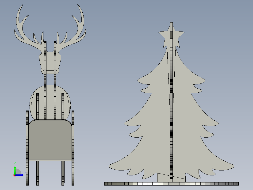 激光切割鹿、树和圣诞老人​​雪橇 3D 拼图模板左视图