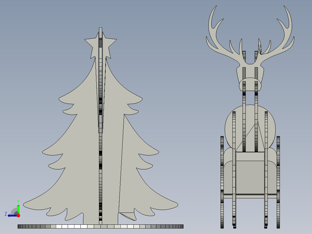 激光切割鹿、树和圣诞老人​​雪橇 3D 拼图模板右视图