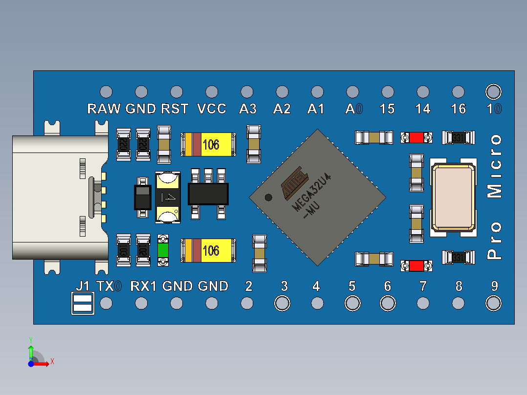 Arduino Pro开发板带Micro USB TypeC连接器前视图