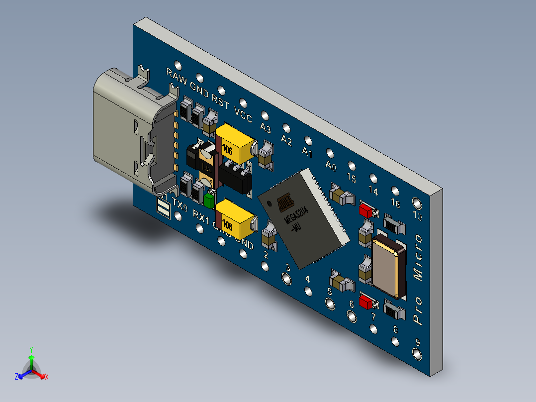 Arduino Pro开发板带Micro USB TypeC连接器正等轴测图