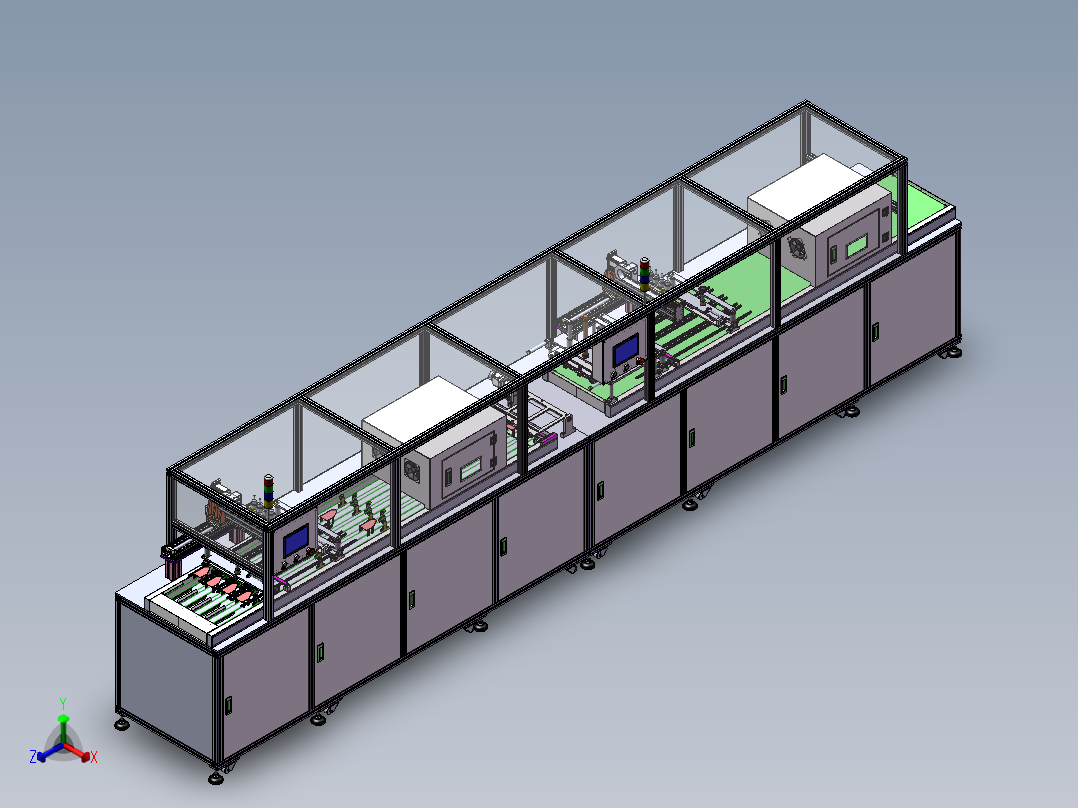 显示屏自动点胶、UV固化流水线正等轴测图