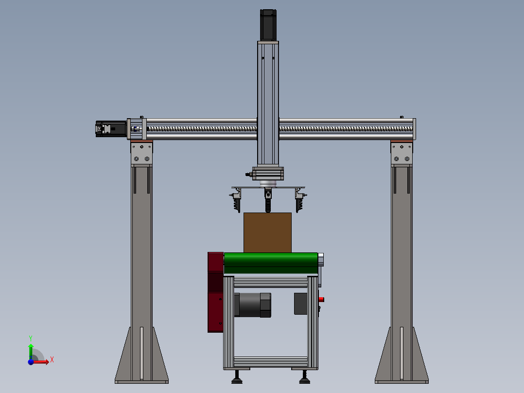 龙门柔性夹爪机械手3d图纸在线式输送线三轴桁架取料机械手3d方案前视图