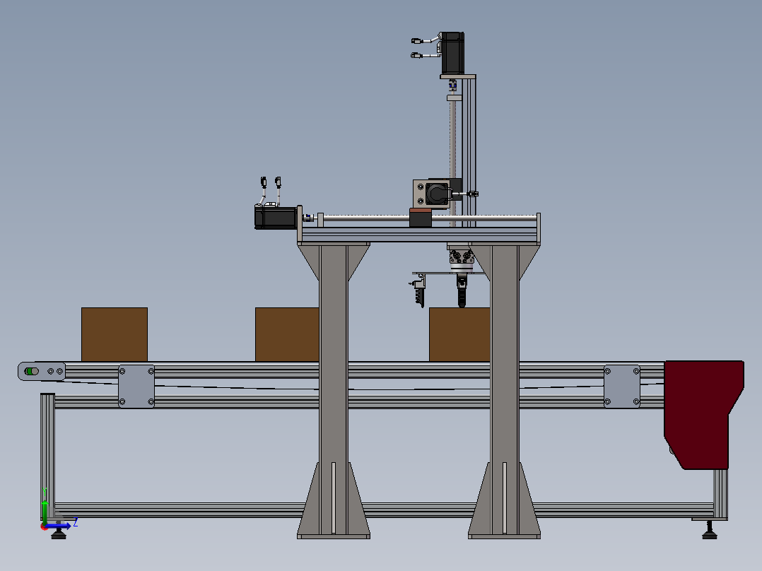 龙门柔性夹爪机械手3d图纸在线式输送线三轴桁架取料机械手3d方案左视图
