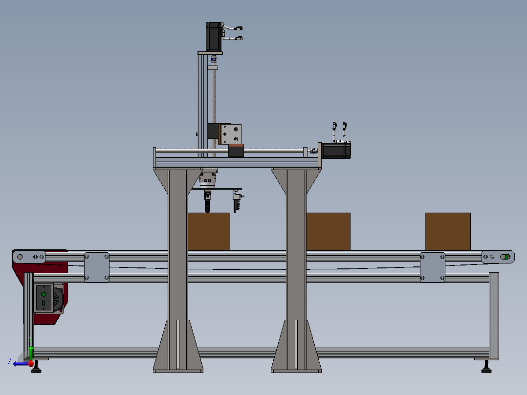 龙门柔性夹爪机械手3d图纸在线式输送线三轴桁架取料机械手3d方案右视图
