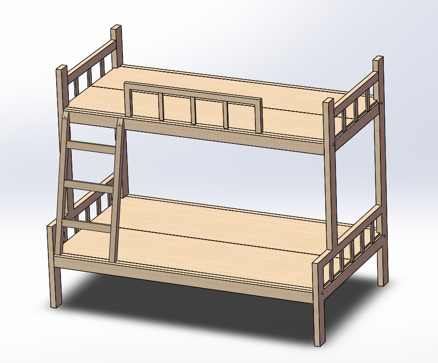 简易实用上下层木床3D数模图纸+Solidworks设计