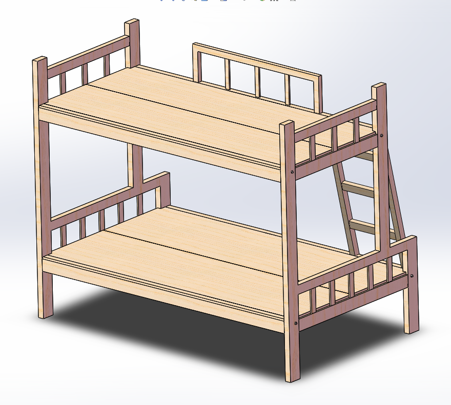 简易实用上下层木床3D数模图纸+Solidworks设计