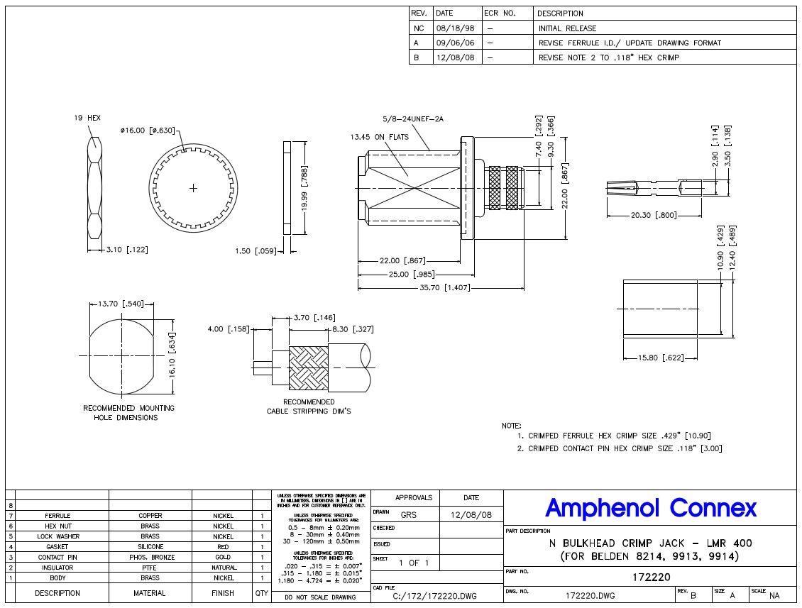 Amphenol RF N型密封隔板LMR-400同轴电缆连接器