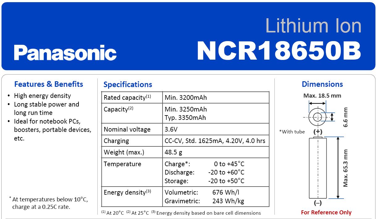 松下(三洋)NCR18650B-3200 mAh(毫安小时)锂离子可充电电池