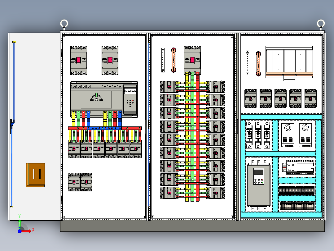 三柜组装双电源630A竖装刀开关软启动plc控制柜 55907前视图