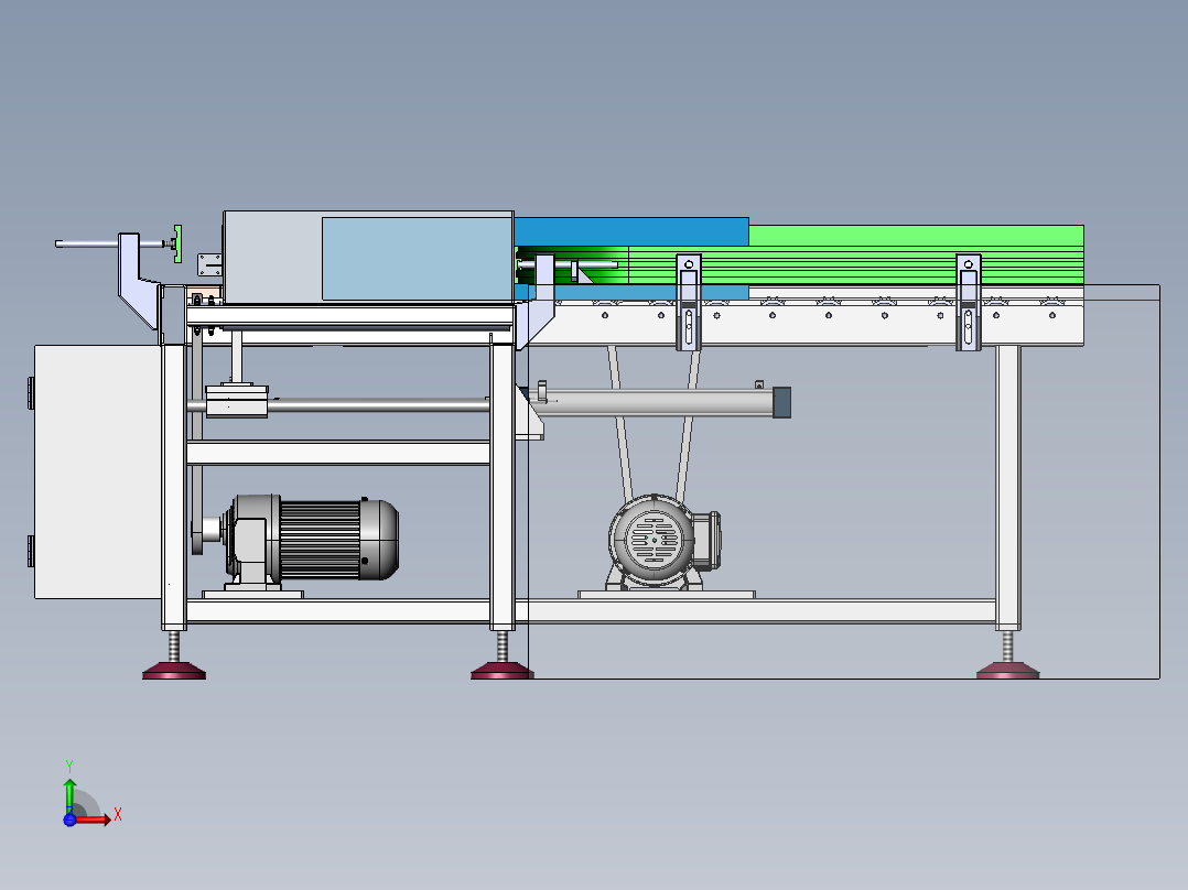动力滚筒输送机3d图纸 90度转弯动力运输线3d图前视图