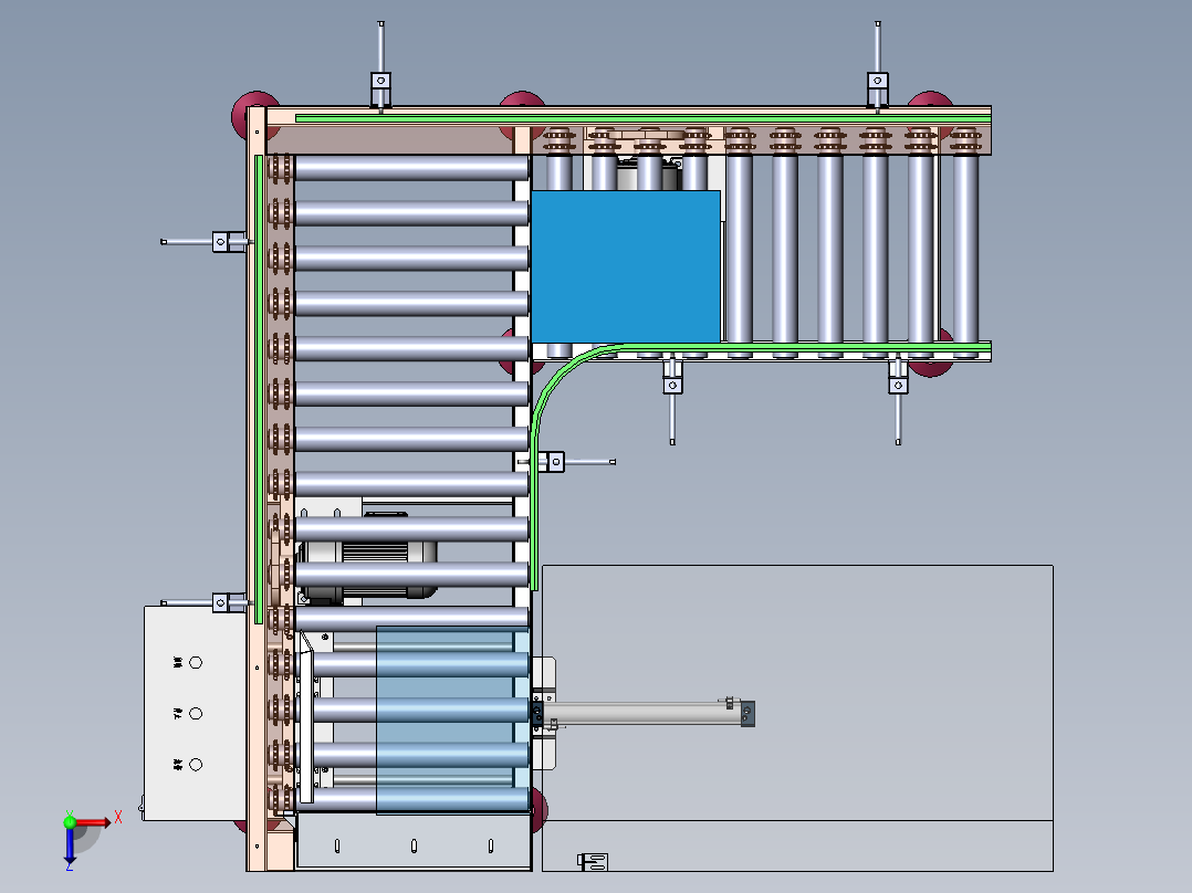 动力滚筒输送机3d图纸 90度转弯动力运输线3d图俯视图