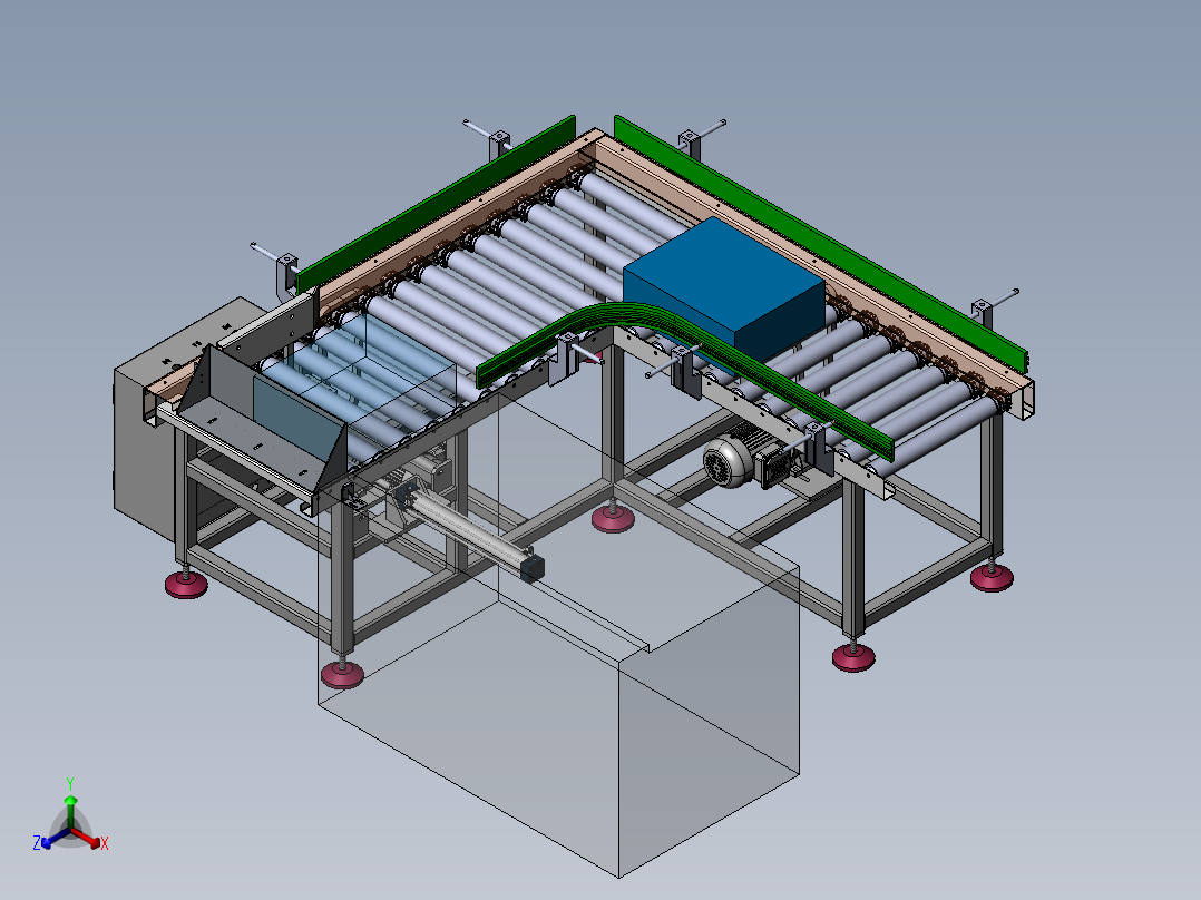 动力滚筒输送机3d图纸 90度转弯动力运输线3d图正等轴测图