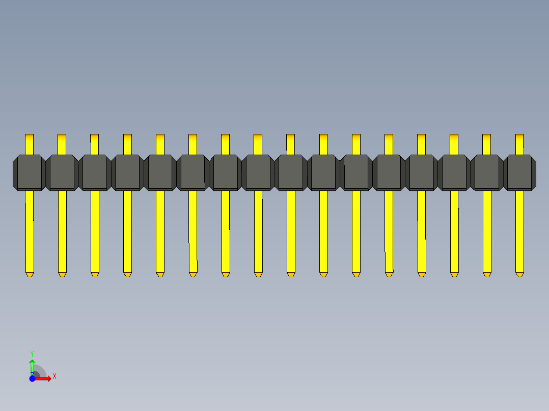 角度单排通孔引脚接头，间距2.54毫米前视图