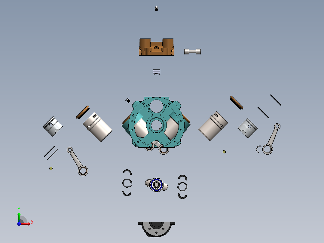 简易四缸发动机爆炸3D模型图纸 Solidworks设计 附平面工程图前视图