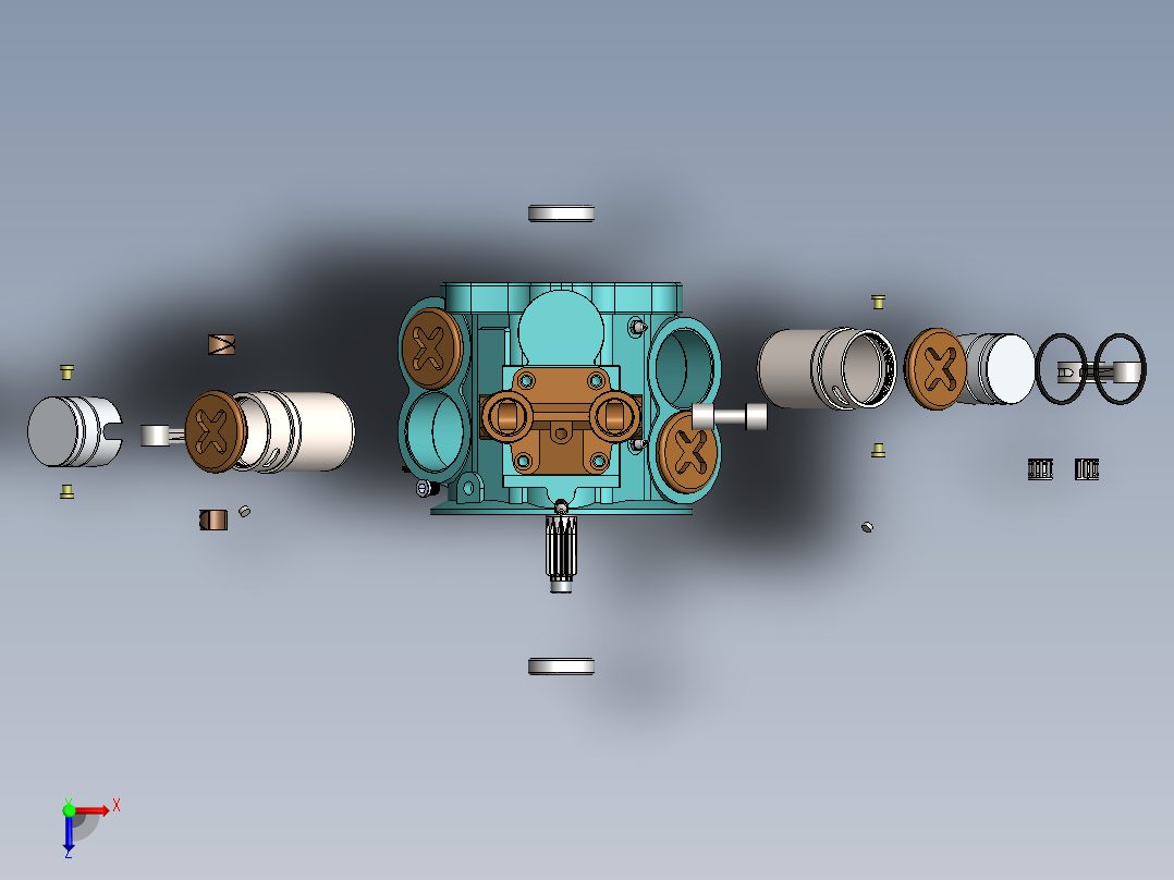 简易四缸发动机爆炸3D模型图纸 Solidworks设计 附平面工程图俯视图