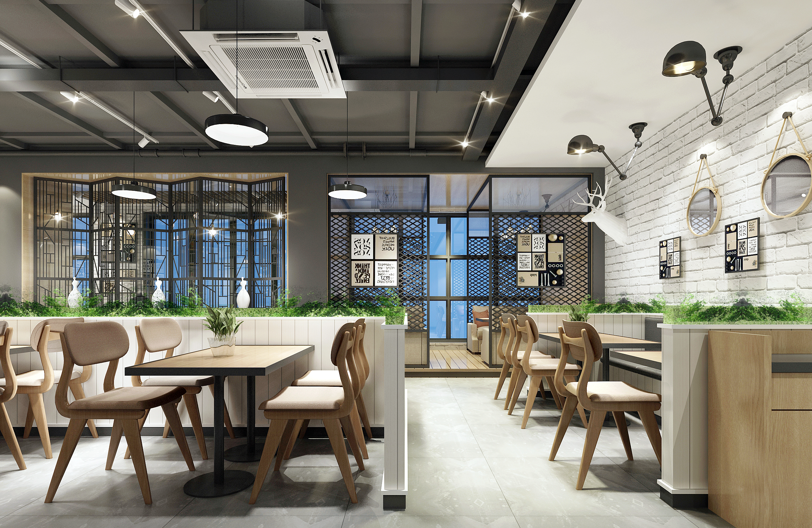 LOFT工业风格主题餐厅快餐厅早餐店咖啡厅设计CAD施工图3D效果图