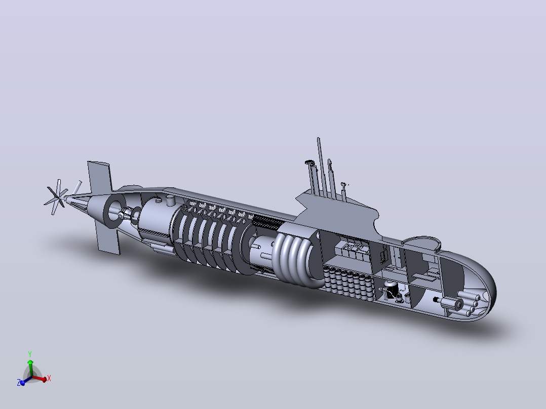 潜艇内部演示结构3D图纸 Solidworks设计主视图