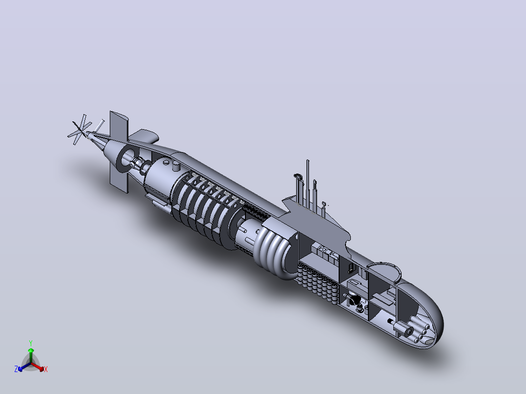 潜艇内部演示结构3D图纸 Solidworks设计正等轴测图