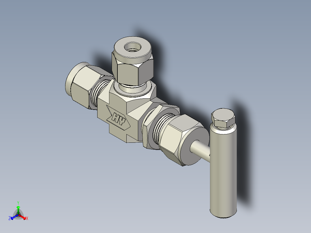 不锈钢整体阀帽角形针形阀，6毫米Hy-Lok管接头正等轴测图