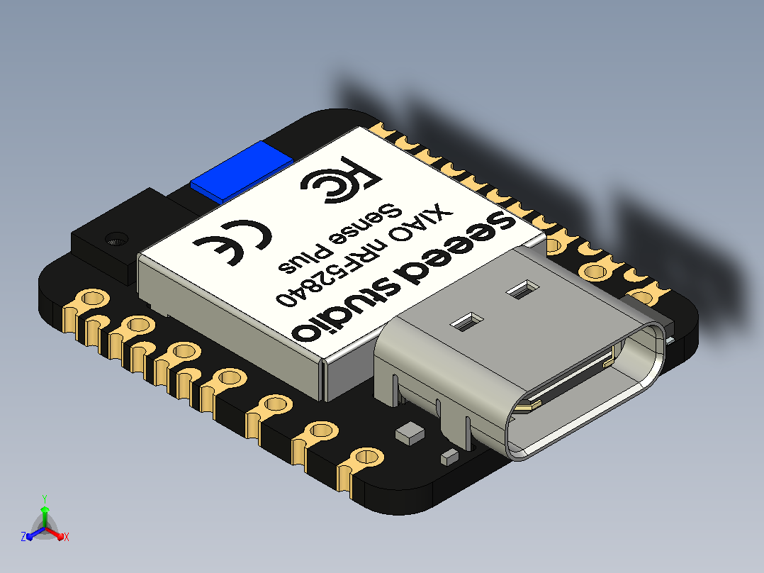seeed Studio XIAO NRF 52840 Sense Plus采用带FPU的北欧芯片组，为这款微型蓝牙传感器开发板带来了更多SMD引脚。在保持标准版本所有功能的同时，包括板载IMU和PDM麦克风、蓝牙5.0、NFC和低功耗正等轴测图