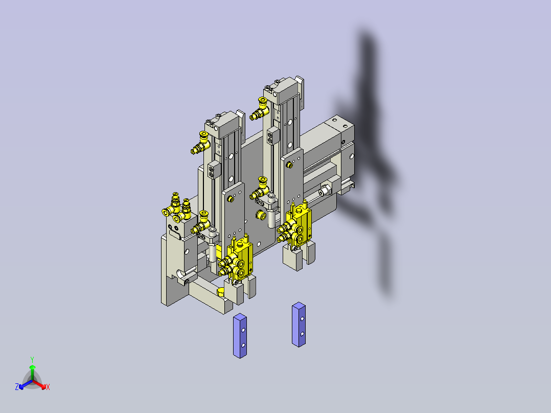一款3位装载机构(不同行程)3D模型主视图