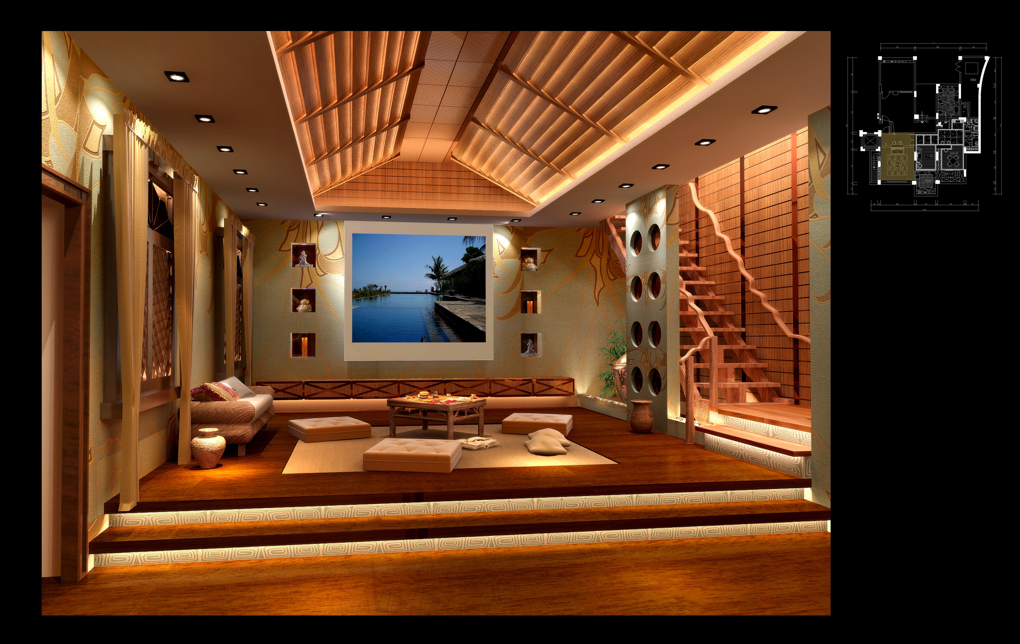 某复式住宅东南亚风格装饰施工图及效果图