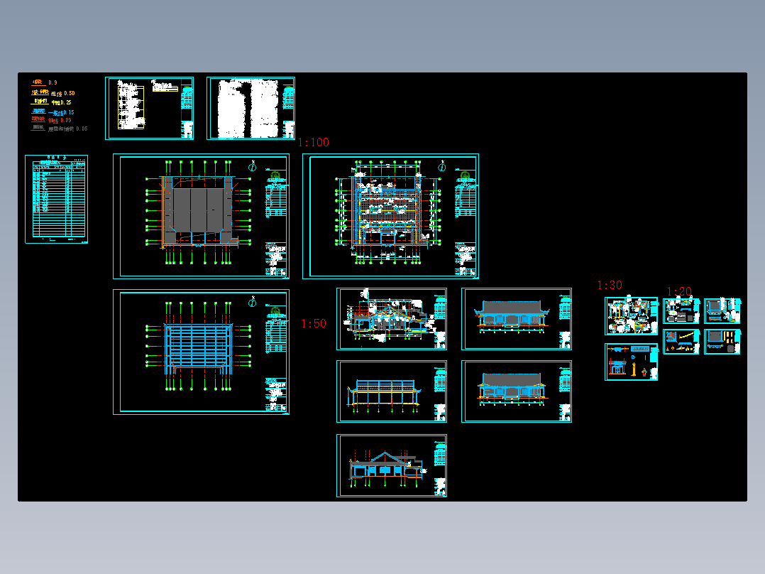 单层歇山式木结构古建筑施工图CAD图纸