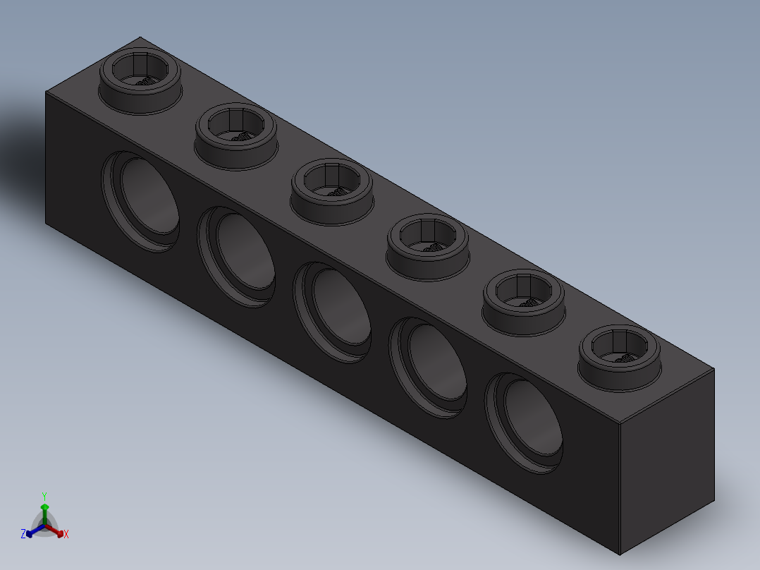 乐高机械组积木（横梁）-4210917 - 3894 Dark Stone Grey Technic Brick 1 x 6 with Holes正等轴测图