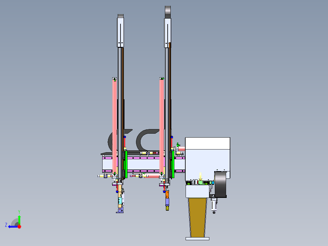 双臂型注塑机上下料机械手3d图纸 双Z轴注塑机机械手3d图纸SW模型右视图