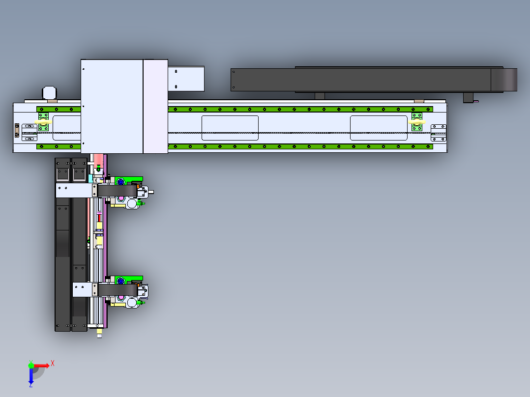 双臂型注塑机上下料机械手3d图纸 双Z轴注塑机机械手3d图纸SW模型俯视图
