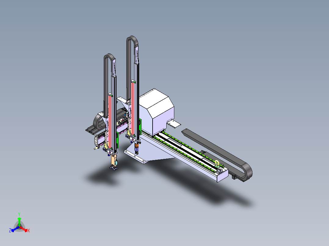 双臂型注塑机上下料机械手3d图纸 双Z轴注塑机机械手3d图纸SW模型正等轴测图