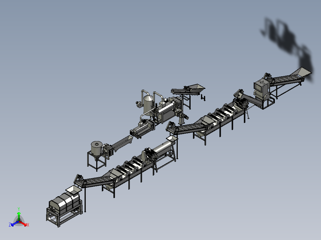 薄膜撕碎破碎清洗挤干生产线step正等轴测图
