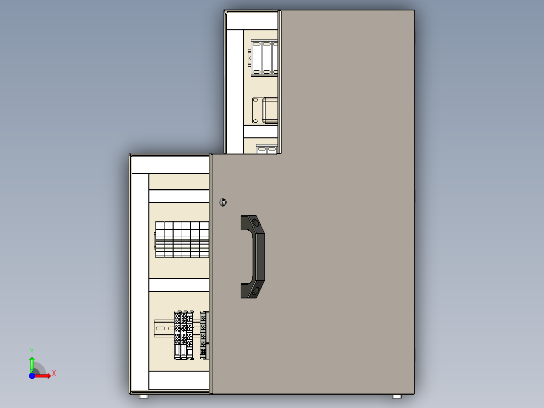 L 形电气外壳，带门，控制箱组件已组装-stp 三维 图纸前视图
