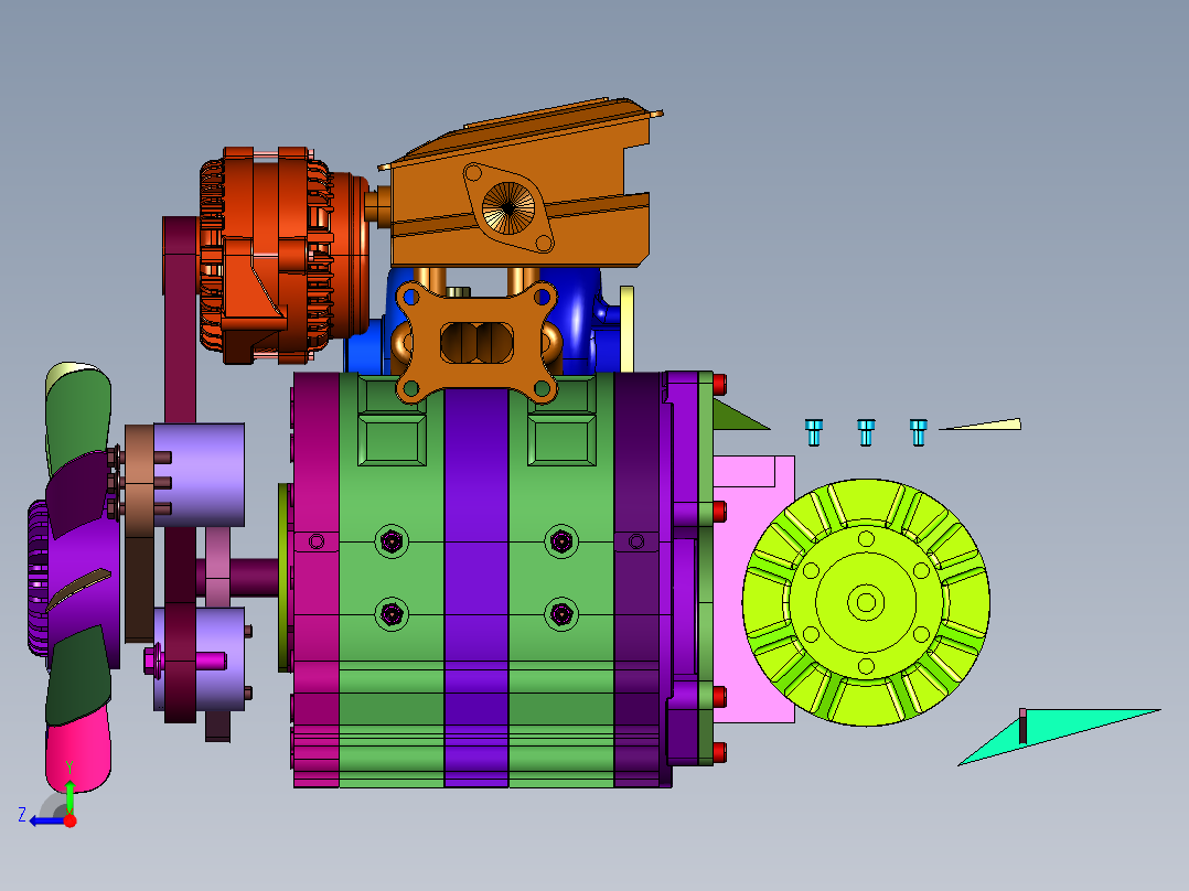 转子取代活塞的往复式内燃机右视图