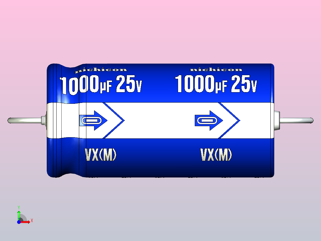铝制轴向电解电容器。VX系列1000ufx25v。12.5x25mm毫米。间距27.5至33毫米前视图