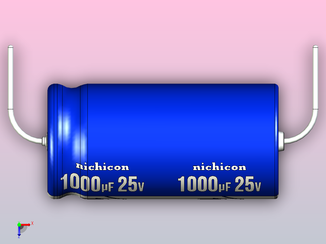 铝制轴向电解电容器。VX系列1000ufx25v。12.5x25mm毫米。间距27.5至33毫米俯视图