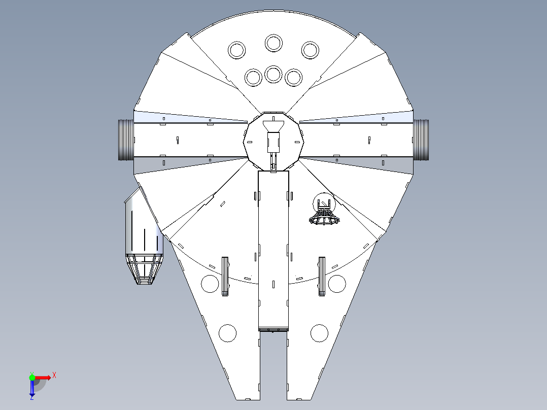 B2005261-千年 falcon，星球大战 3d 拼图，薄板，宇宙飞船，金属工艺设计俯视图