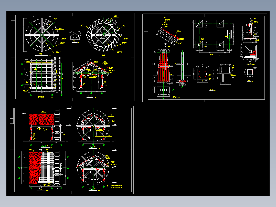 水边水车、草棚木屋施工cad图（含平面、剖面及结构大样图）