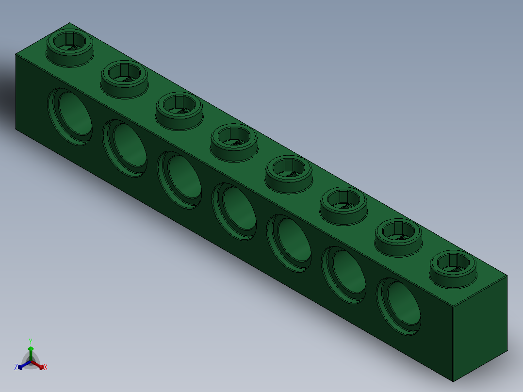 乐高机械组积木（横梁）-4200546 - 3702 Dark Green Technic Brick 1 x 8 with Holes正等轴测图