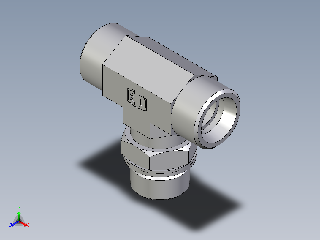 卡套式工业通用硬管接头EO_Adjustable_locknut_branch_tee_TEE20SMOMDCF正等轴测图