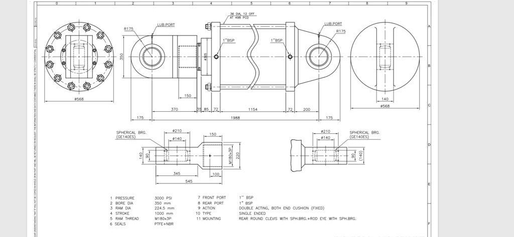 焊接型液压缸（带前端和后端安装眼）350x220x1002毫米